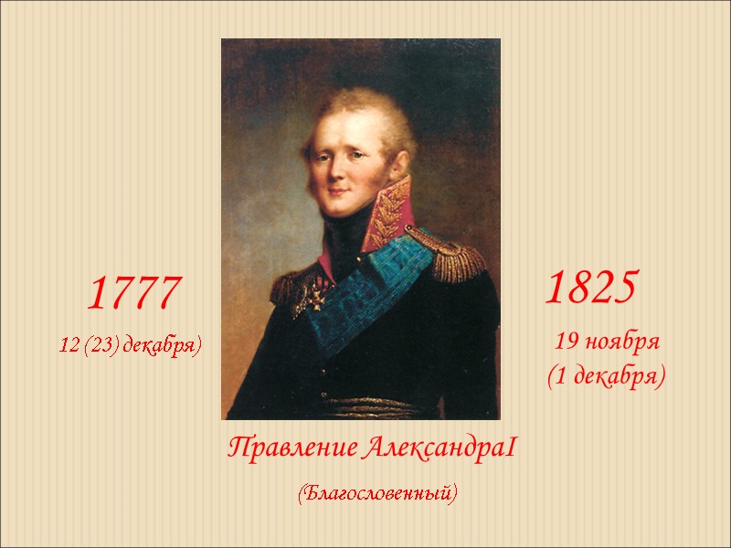 Правление АлександраI  1777 1825  12 (23) декабря)  19 ноября (1 декабря)